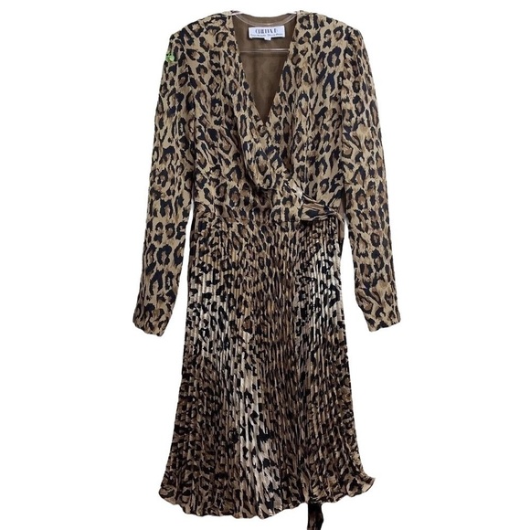 Vtg Chetta B Peter Noviello Leopard Print Pleated Wrap Cocktail Dress Tan Size 4 - Picture 1 of 8